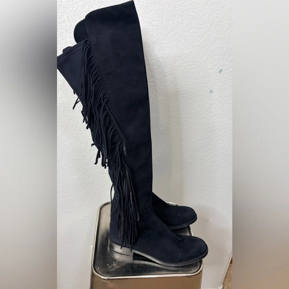 Lavorazione Artigiana Made in Italy Black Suede Over the Knee Fringe Boots 8